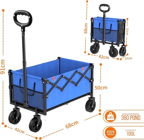 Aura® Bolderkap Opvouwbaar Luchtbanden - Bolderkar - Bolderkar Opvouwbaar - Blauw - 45cm x 42cm x 95cm van Aura® — afbeelding 2