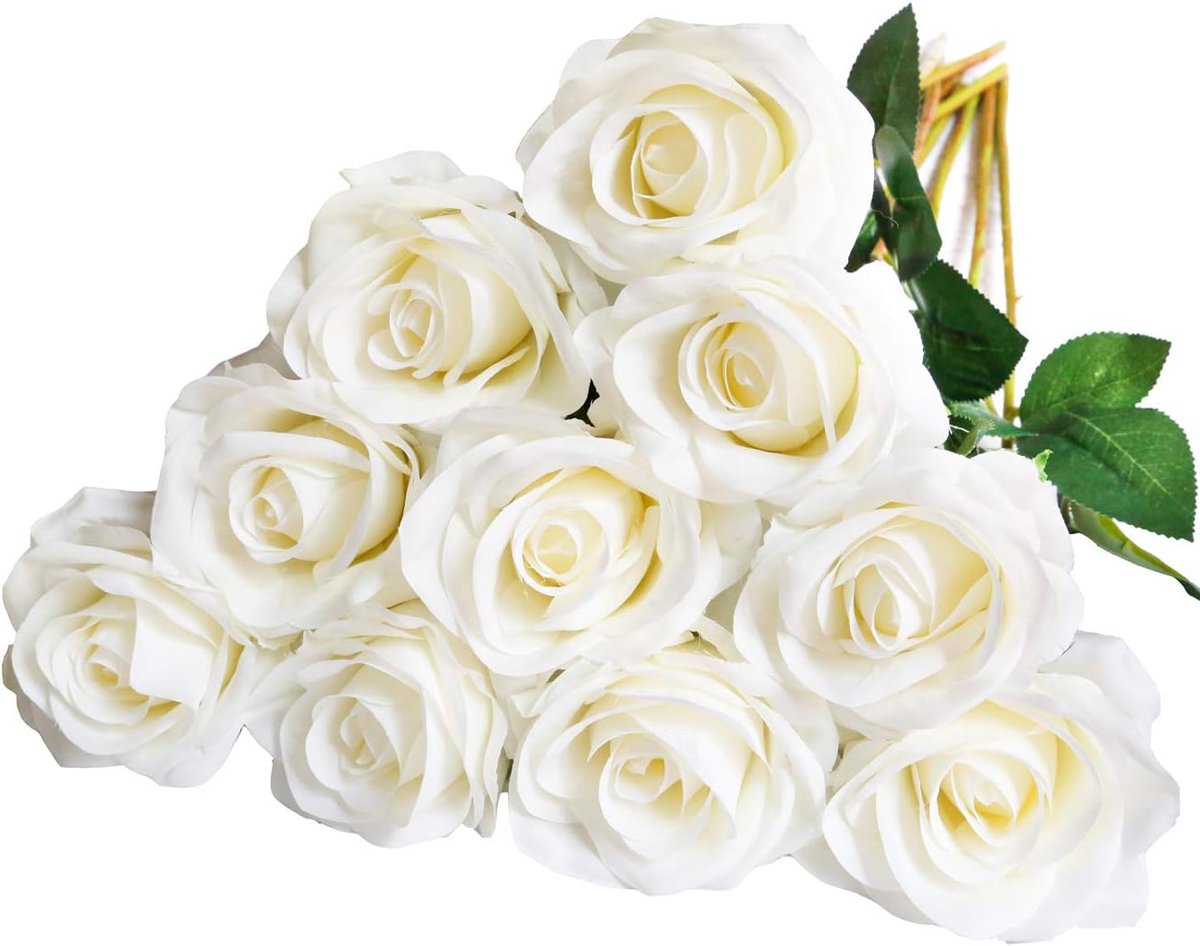 Famanu Kunstrozen zijden bloemen bruidsboeketten met enkele lange plastic stengels voor arrangement bruiloft tafel middelpunt feest woondecoratie (wit)