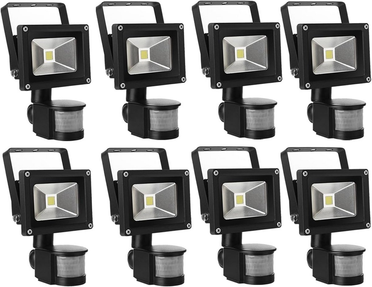 8x 10W LED Buitenlamp met Bewegingssensor - Warm Wit - Waterdichte IP65 Schijnwerper