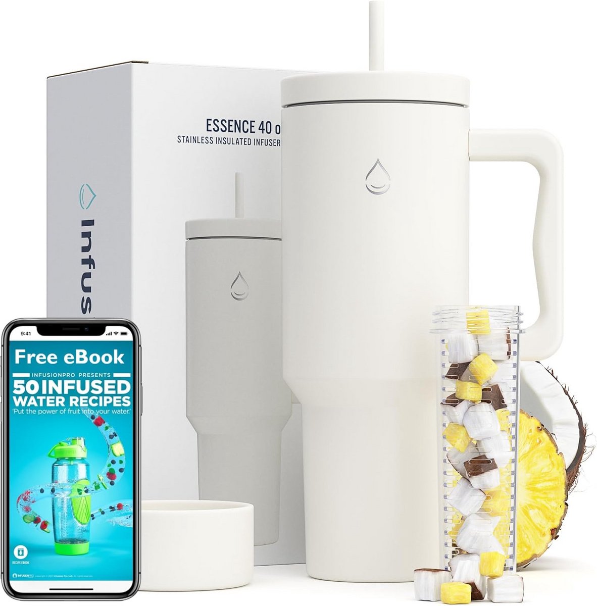 Geïsoleerde Beker 1.2L met Handvat, Fruitinfuser en Rietje - RVS Reismok