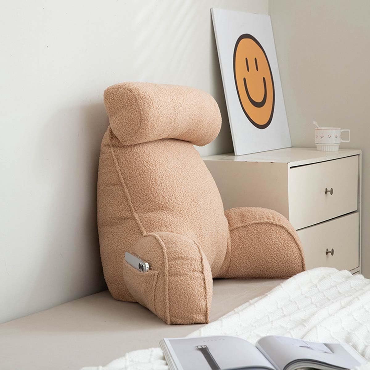 Comfortabel Leeskussen met Verstelbare Rugsteun en Armleuningen - Zacht Sherpa Fleece Bedkussen