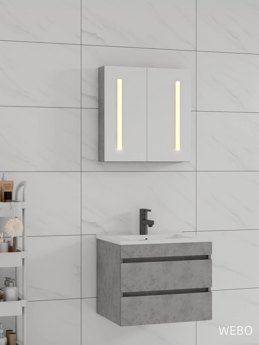 WEBO Badkamermeubel Set Paris 60cm - Grijs - Badmeubel met Spiegelkast met verlichting en Wastafel - Inclusief zwarte kraan en afvoer