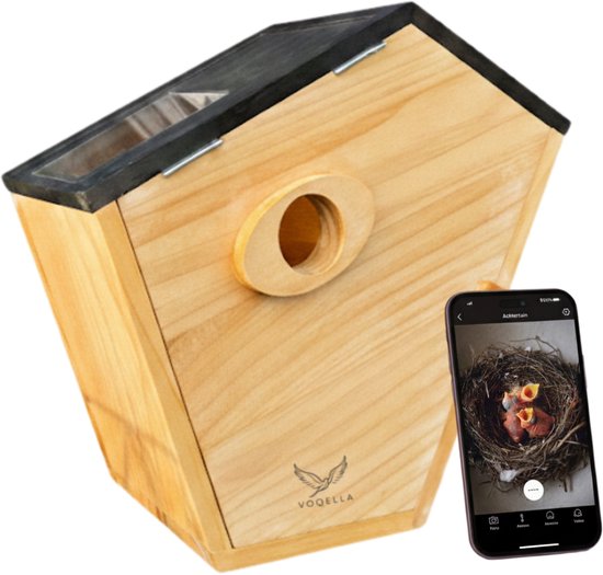 Voqella® Vogelhuisje met Camera - Nestkastje Koolmees - Vogel Camera - Vogelkastje - Vogelvoederhuisje met Camera - Met Zonnepaneel - Bamboe hout - Video & Audio