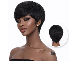SassyGoods Zwarte Pruik Human Hair Pixie 100% Echt Haar Wig - Pruiken Dames Kort Haar - Verstelbaar - Wasbaar - Kleur 1B - 20 cm