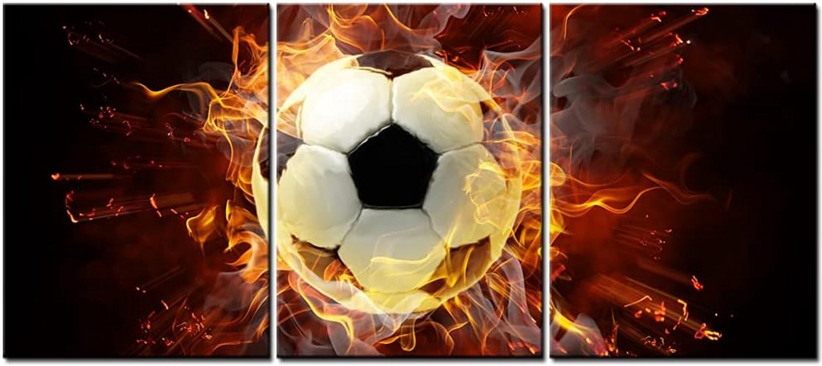 Voetbal Kunst Canvas Schilderij voor Jongenskamer - Muurdecoratie Wanddecoratie 3-Delig Ingelijst 30x40 cm