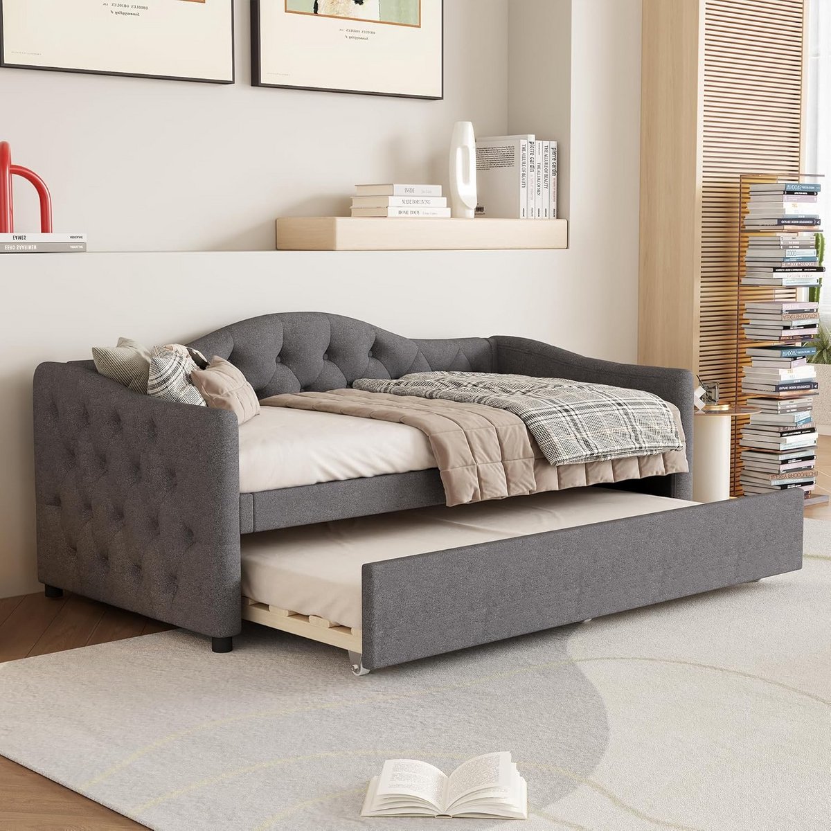Slaapbank 90 x 200 cm met uitschuifbaar bed en linnen bekleding