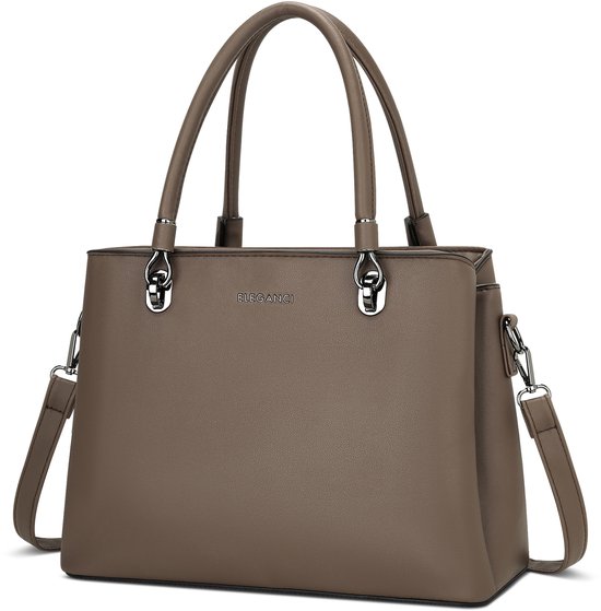 Taupe Eleganci handtas met schouderband en zilverkleurige details.