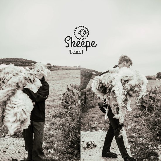 Twee beelden van een boer die schapenvachten draagt in een landelijke omgeving.
