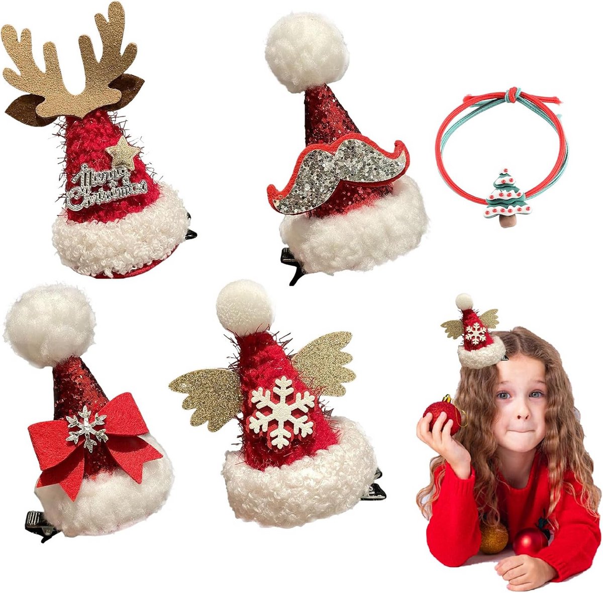 Set van 5 Kerst Haaraccessoires voor Meisjes - Feestelijke Haarklemmen en Speldjes