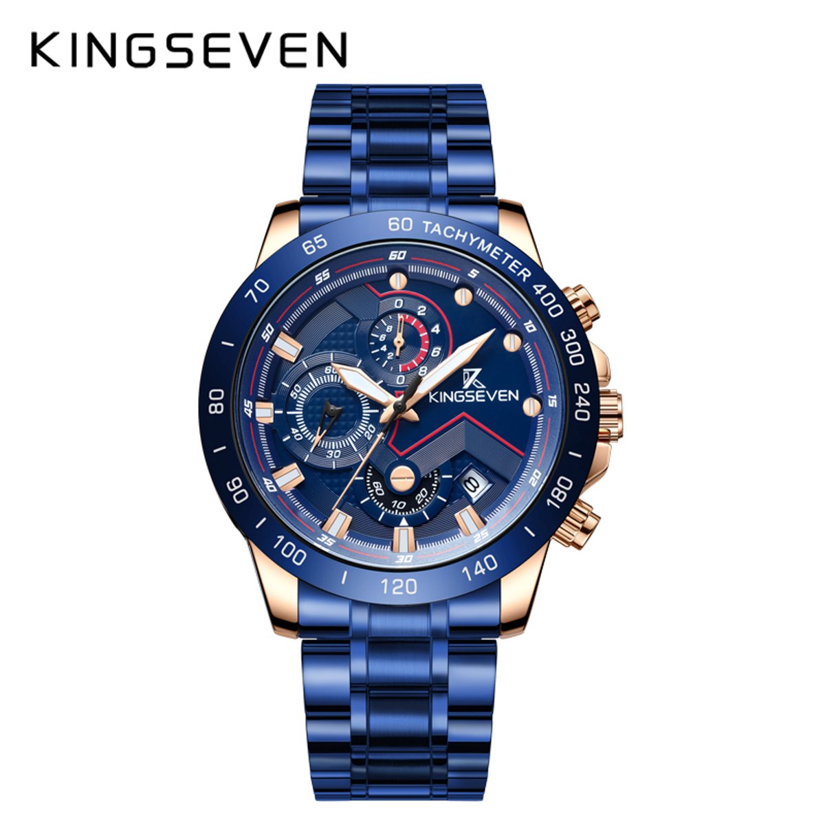 KINGSEVEN Herenhorloge 9618 - Blauw-Rosegoud - Quartz - Roestvrij Staal - Vouwsluiting - Datum Aanduiding - Luxe Design - Waterbestendig - Elegant