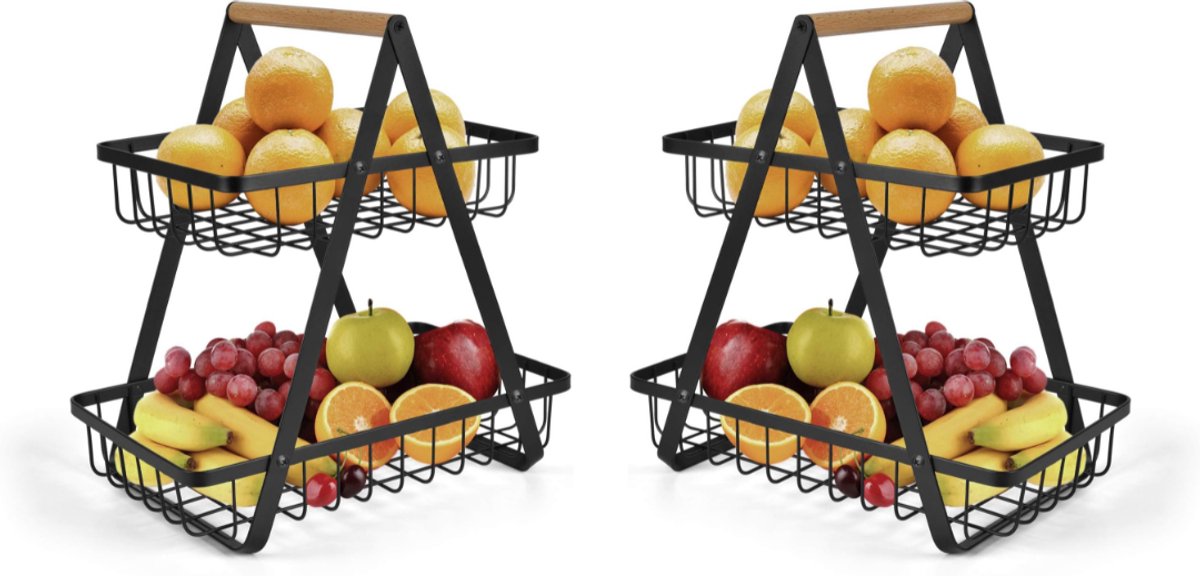 Quvo® Fruit etagere - Fruitmand 2 Laags - Fruitschaal - Bamboe Hout en Metaal - Staande Fruitmand Etagere - Aardappelbak - Aanrecht Organiser - Fruitkistje- Zwart - ‎24x 30x 30 cm; 1.13 kg