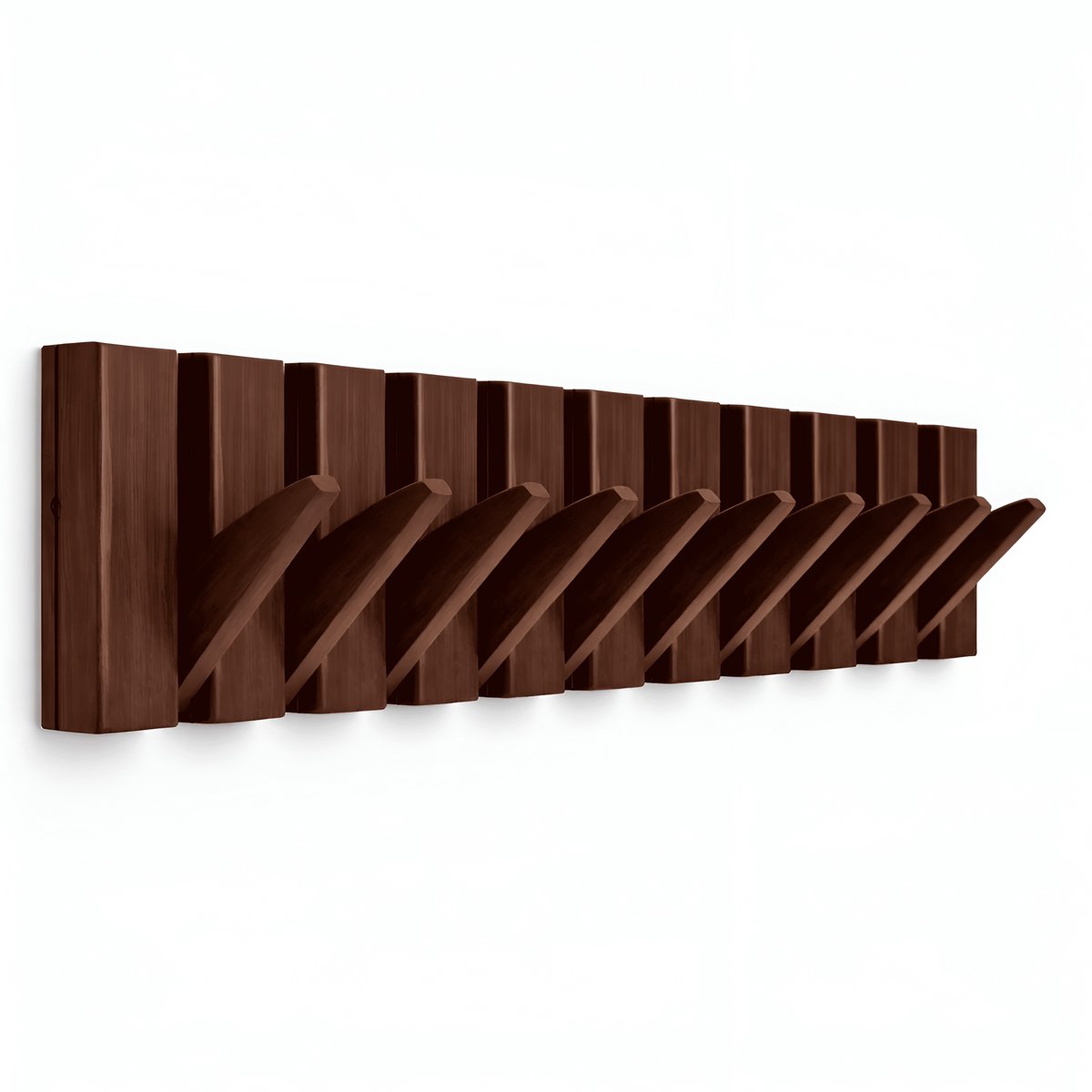 TOJ 10 Haaks Wandkapstok – 70cm - Muur / Wand Kapstok - Hangende Design Muurkapstok - Hout - Walnoot Kleurig