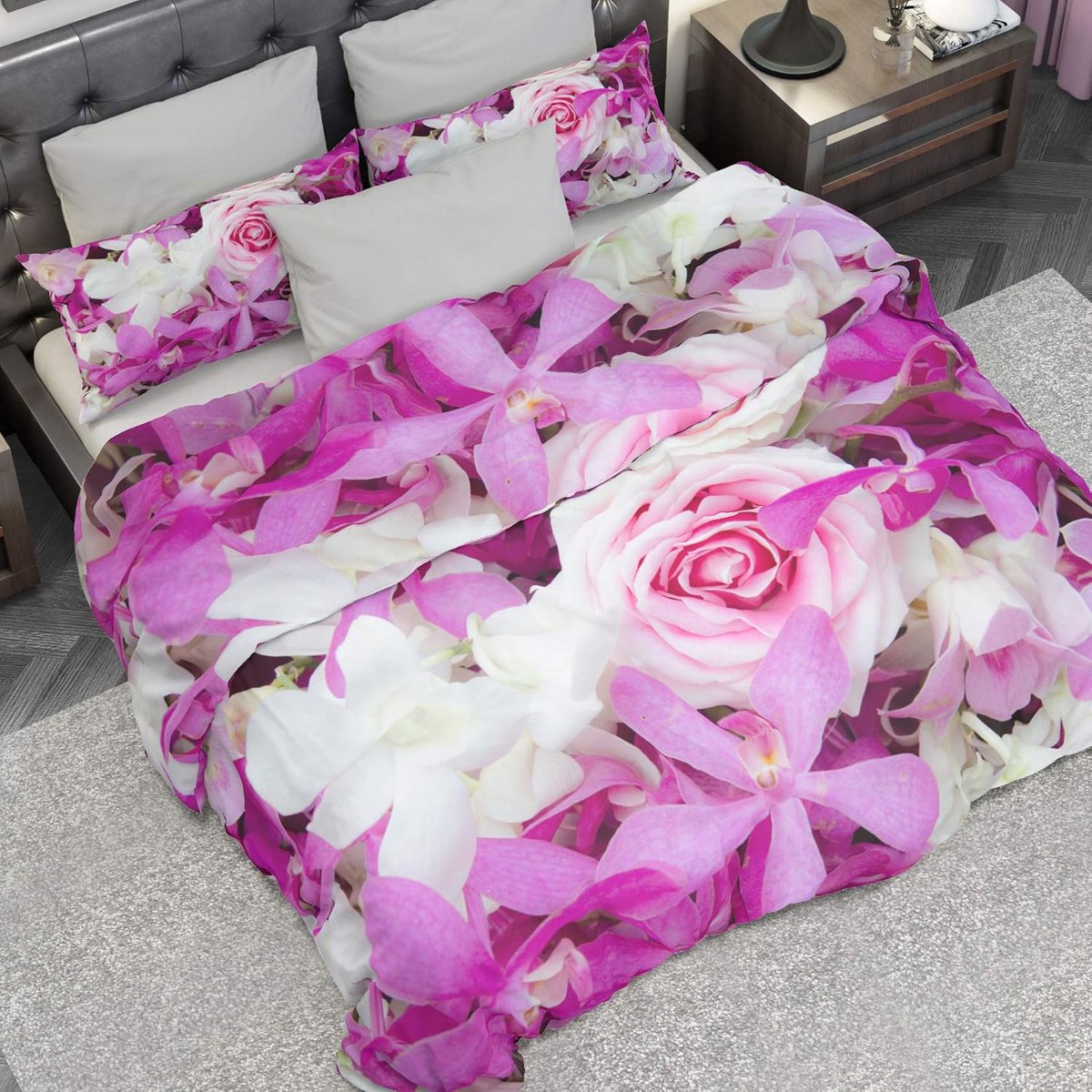 Satijnen Dekbedovertrekset Lila Bloemen Tweepersoons 200x200 cm Gemaakt in Italië