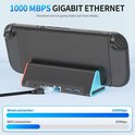 Zwarte docking station met oranje en blauwe accenten, met Switch 2 console erop. Bekabelde verbinding 1000Mbps vs WiFi 30Mbps.