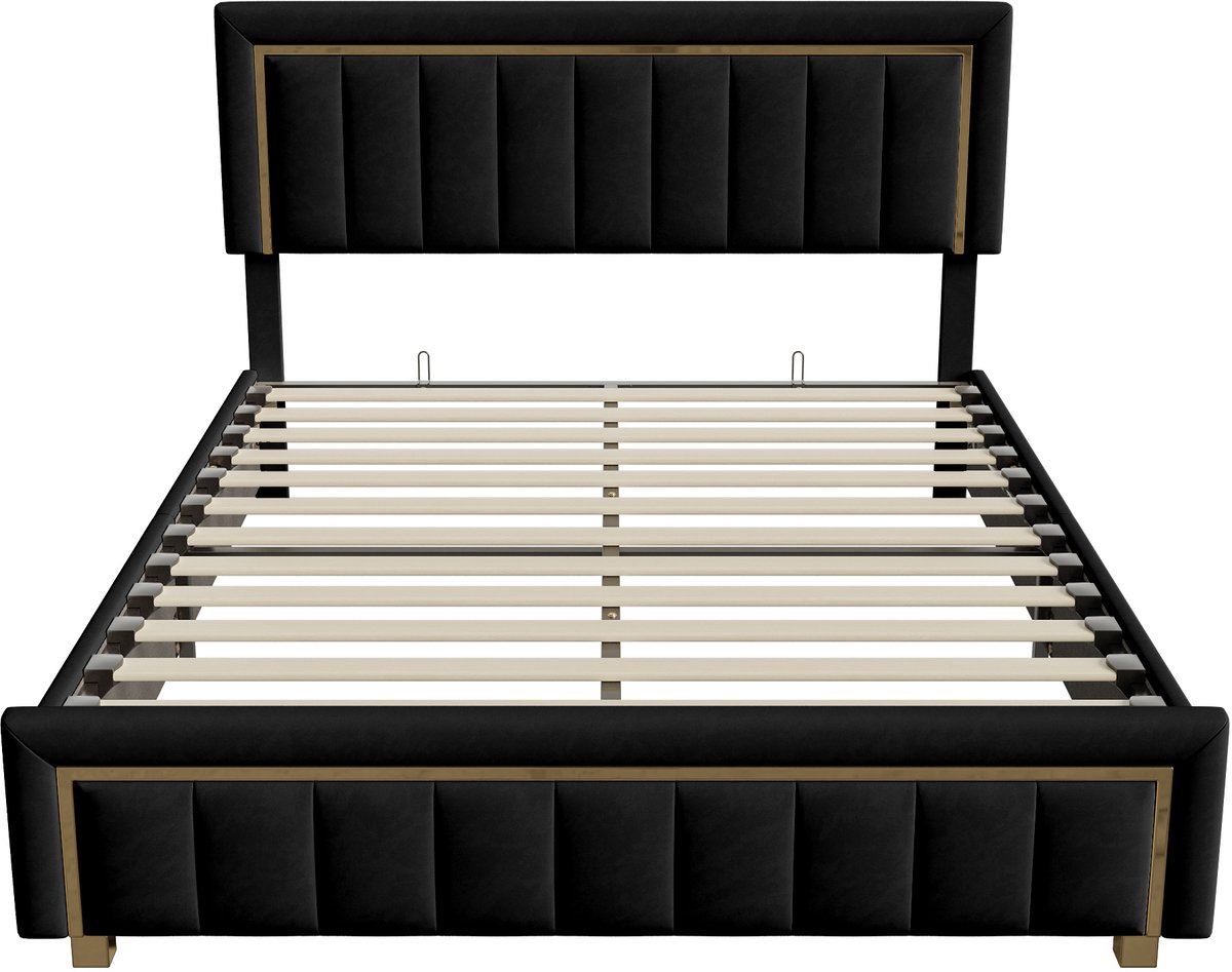 Opbergbed 160x200 cm – Zwart Gestoffeerd Tweepersoonsbed met Gaslift en Ruime Opbergruimte thumbnail 4