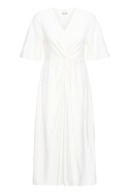 Robe midi couleur crème avec nœud torsadé à la taille, manches courtes évasées et encolure en V.