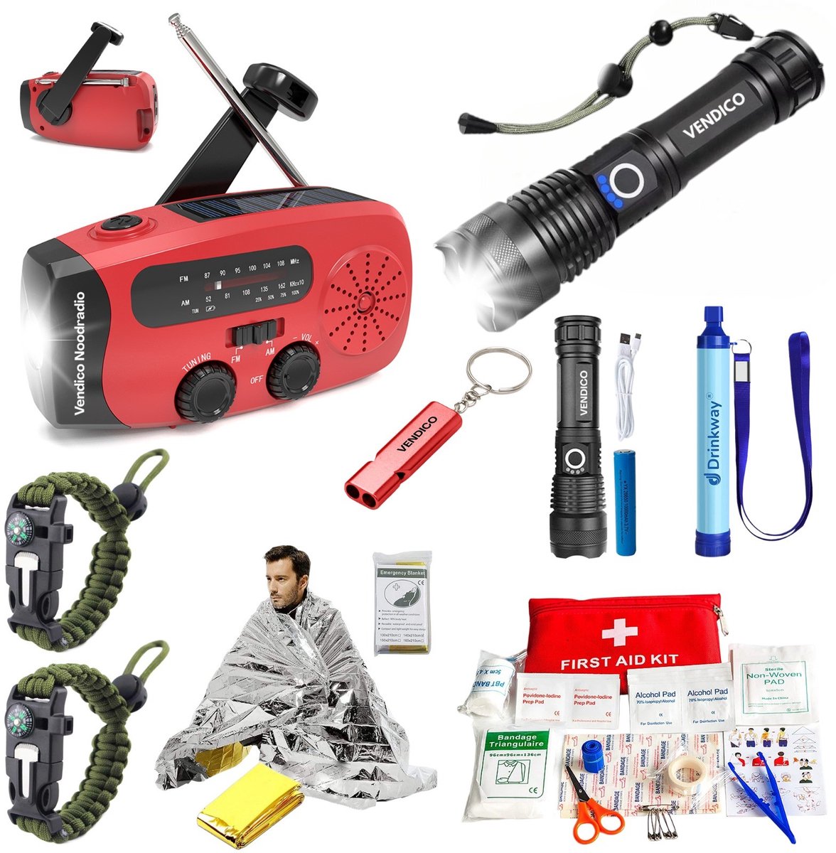 Vendico Compleet Noodpakket - overlevingspakket - noodradio - militaire zaklamp - compleet pakket