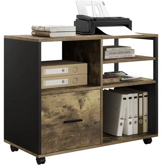 Bureaukast in verweerd hout en zwart metaal met printer, boeken en archiefmappen, op wielen.