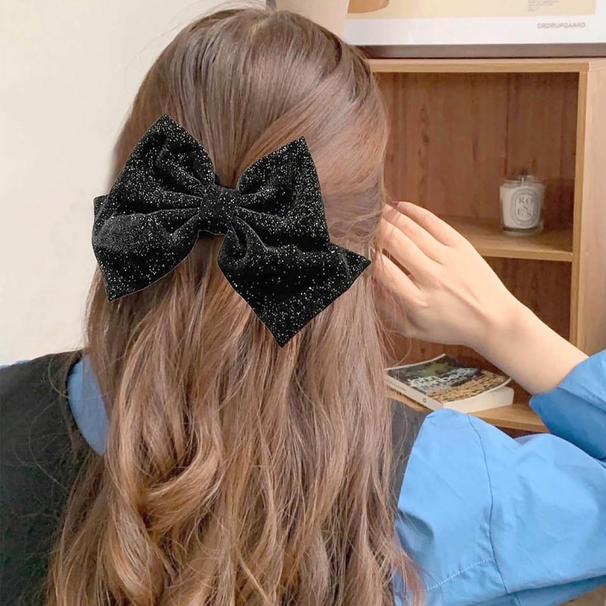 Grote Zwarte Haarstrikken van Fluweel met Glitter voor Dames