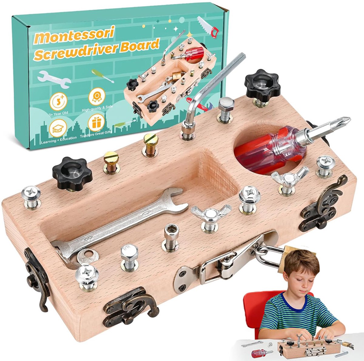 Montessori speelgoedgereedschapskist - Houten schroefbord, bezigheidsbord, schroevendraaierbord, educatief speelgoed - Rollenspel gereedschapskist cadeaus voor meisjes en jongens