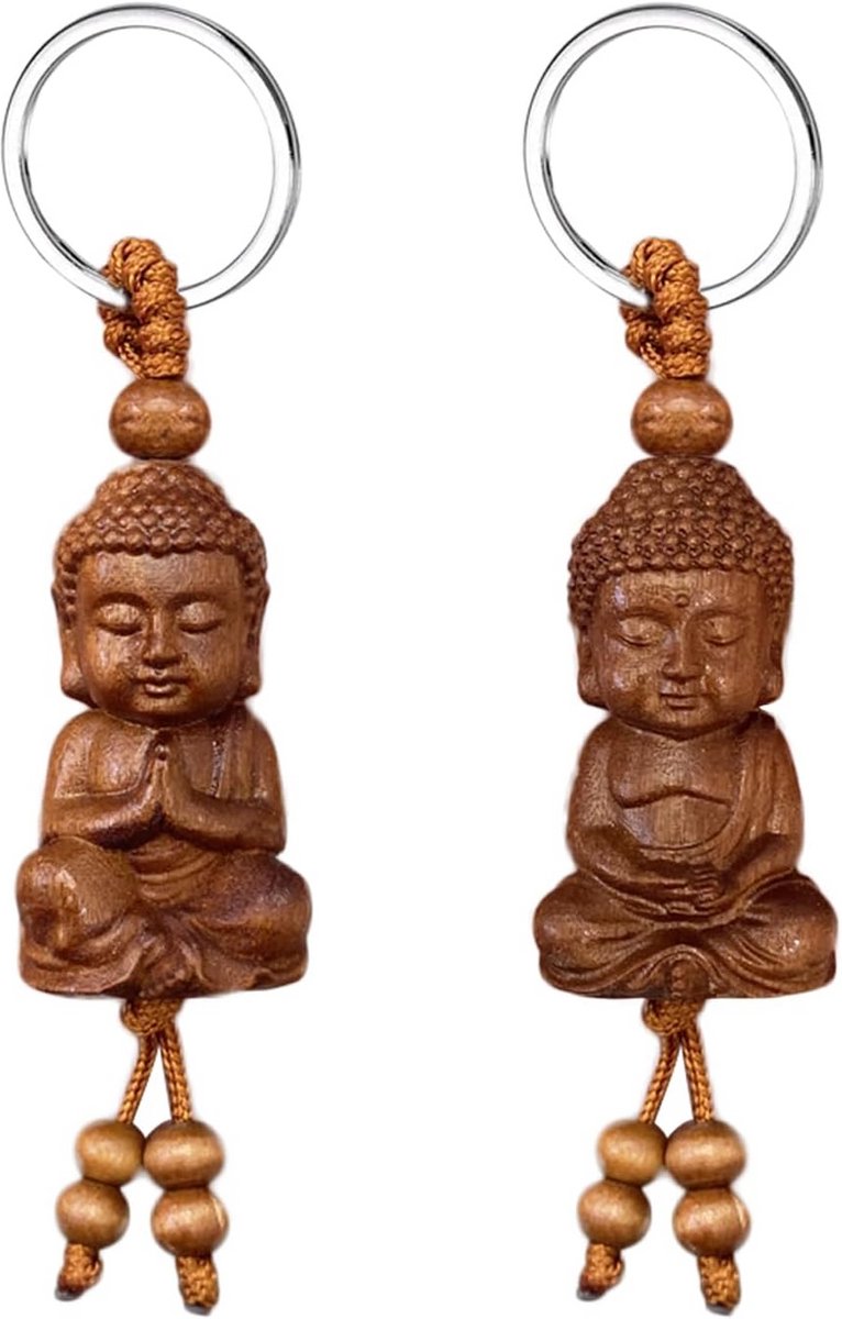 2x Houten Boeddha Sleutelhanger Meditatie Geluksbrenger Cadeau