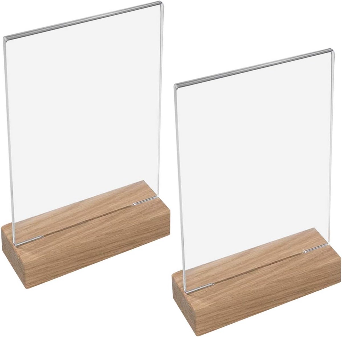 Set van 2 A4 Tafelstandaards met Stevige Houten Voet - Doorzichtig Acryl Display