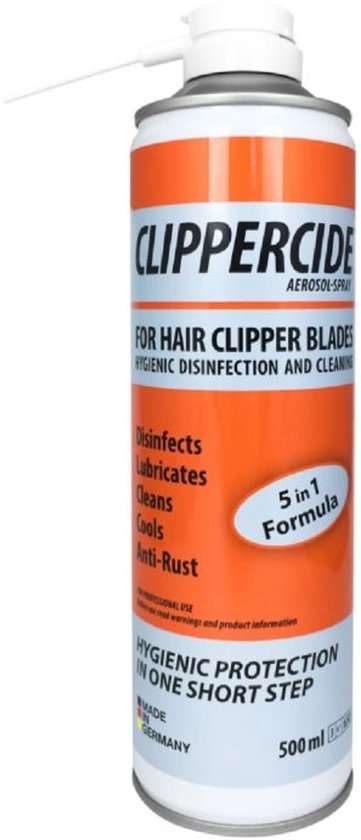 Clipper Cide 5-in-1 formule voor tondeusebladen: desinfecteert, smeert, reinigt, koelt, anti-roest. Hygiënische bescherming. Inhoud 500ml.