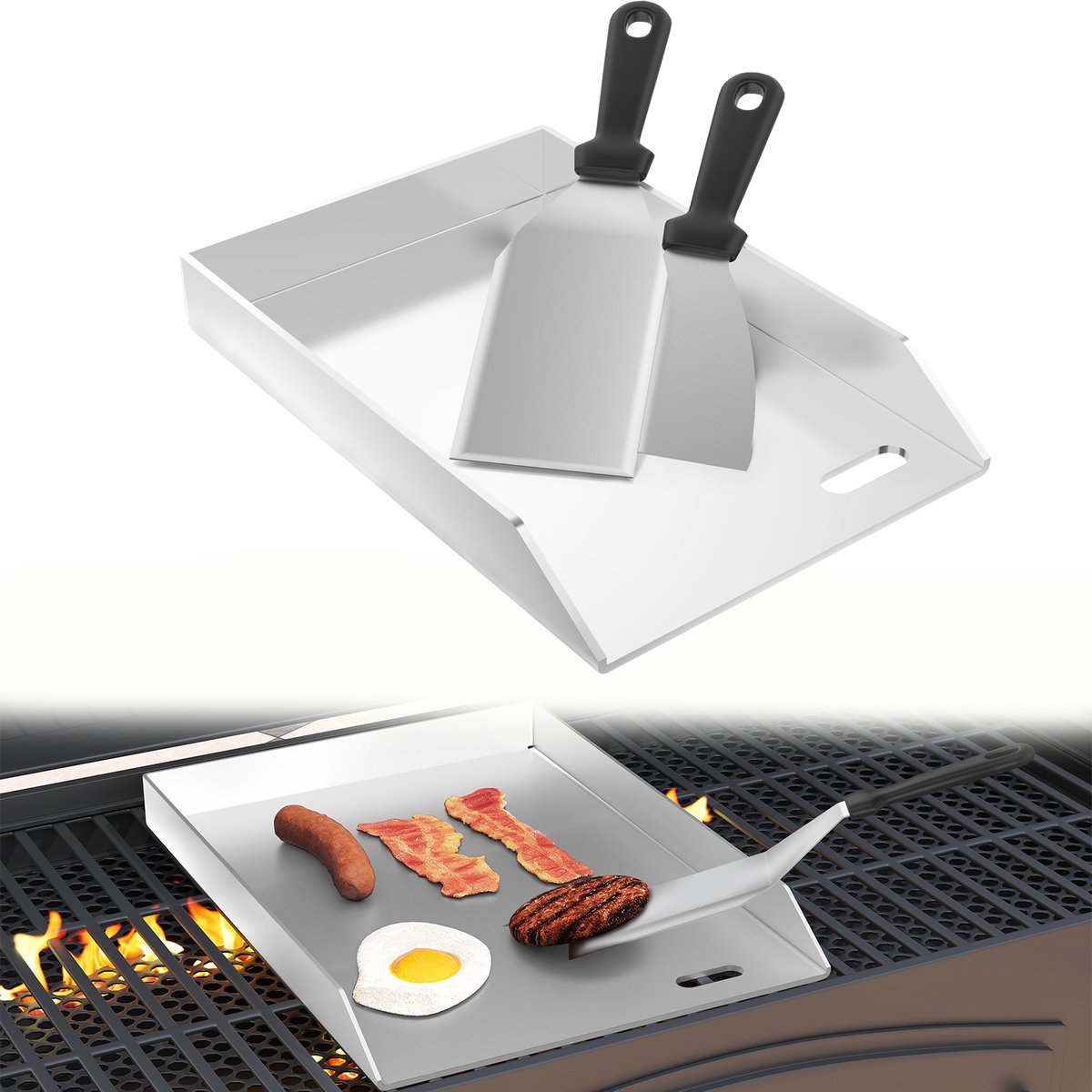 Aufun Roestvrijstalen Grillplaat - 30*40*4 cm - 2 spatels - Universele Bbq Plancha Met Vetopvangbak - Plaat Van Plaatstaal Voor Gas En Houtskoolgrill