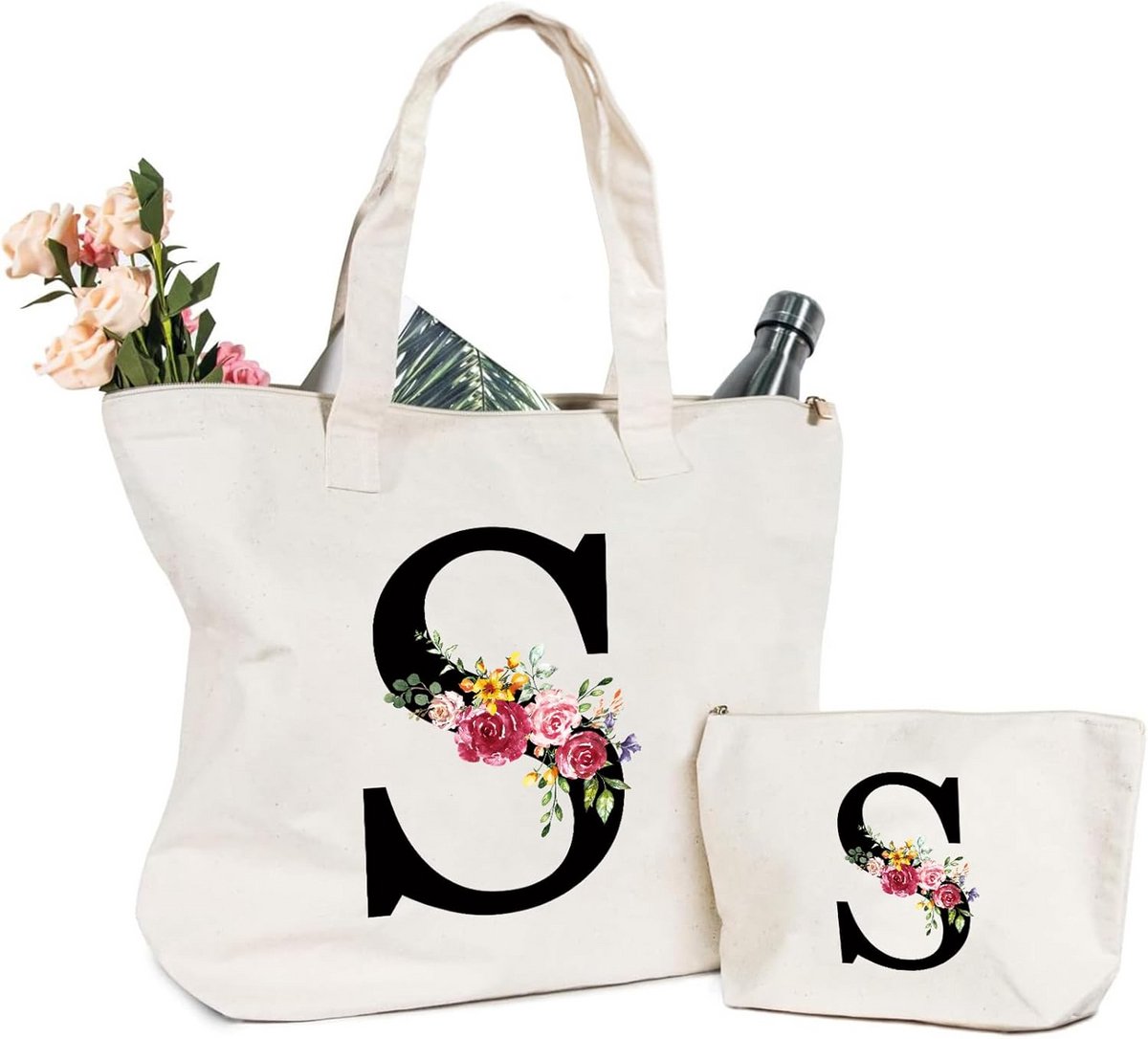 Linnen Shopper met Initiaal en Bloemmotief - Robuuste Boodschappentas/Make-up Tas