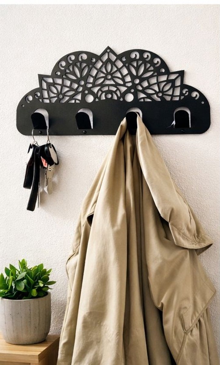 Metalen Wandkapstok met Plank- Zwart- Sleutelrek & kapstok- Industrieel Design- 4 haken- Hal- Entree- Gang-