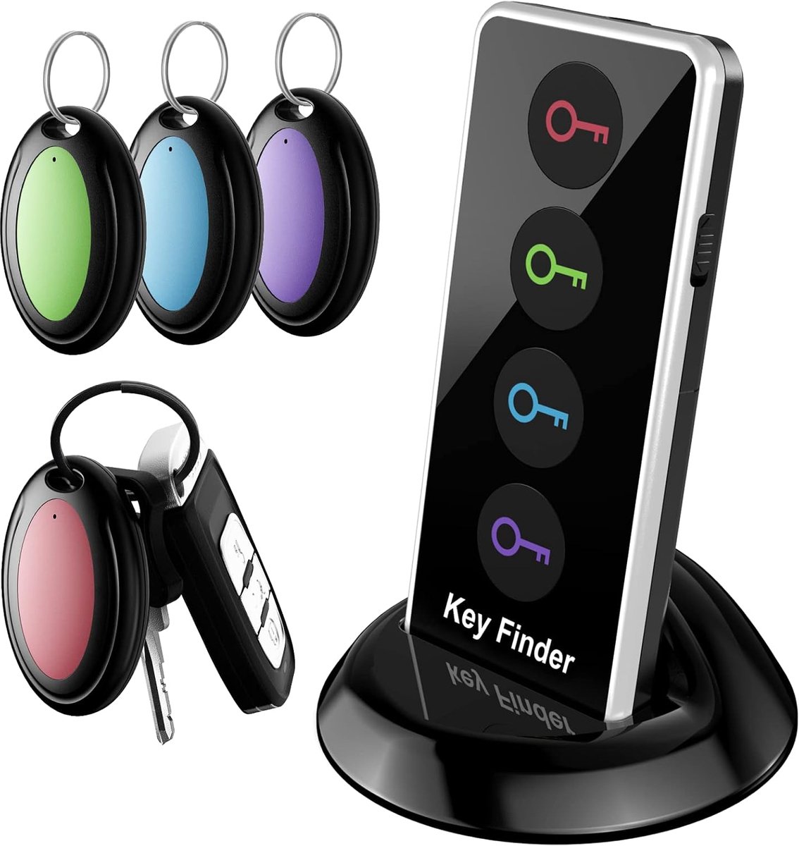 Sleutelvinder 2026 Model met LED-Zaklamp – Draadloze Sleutellocator met 1 Zender en 4 Ontvangers – Voor Sleutels, Telefoon, Portemonnee en Afstandsbediening – Zonder App