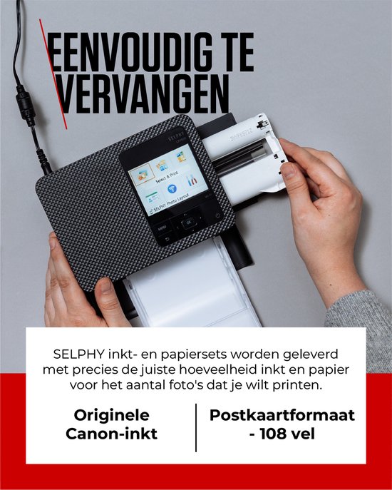 Mains entretenant une imprimante Canon SELPHY, se concentrant sur le remplacement de la cartouche d'encre.