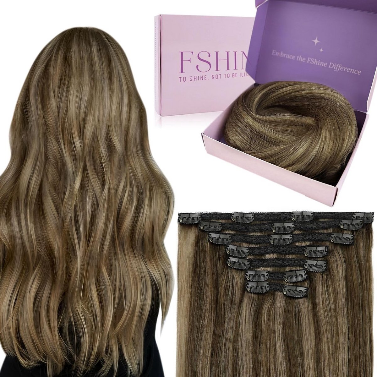 Echt Haar Clip-in Extensions Middenbruin Honingblond 14 Inch 7-Delig Set