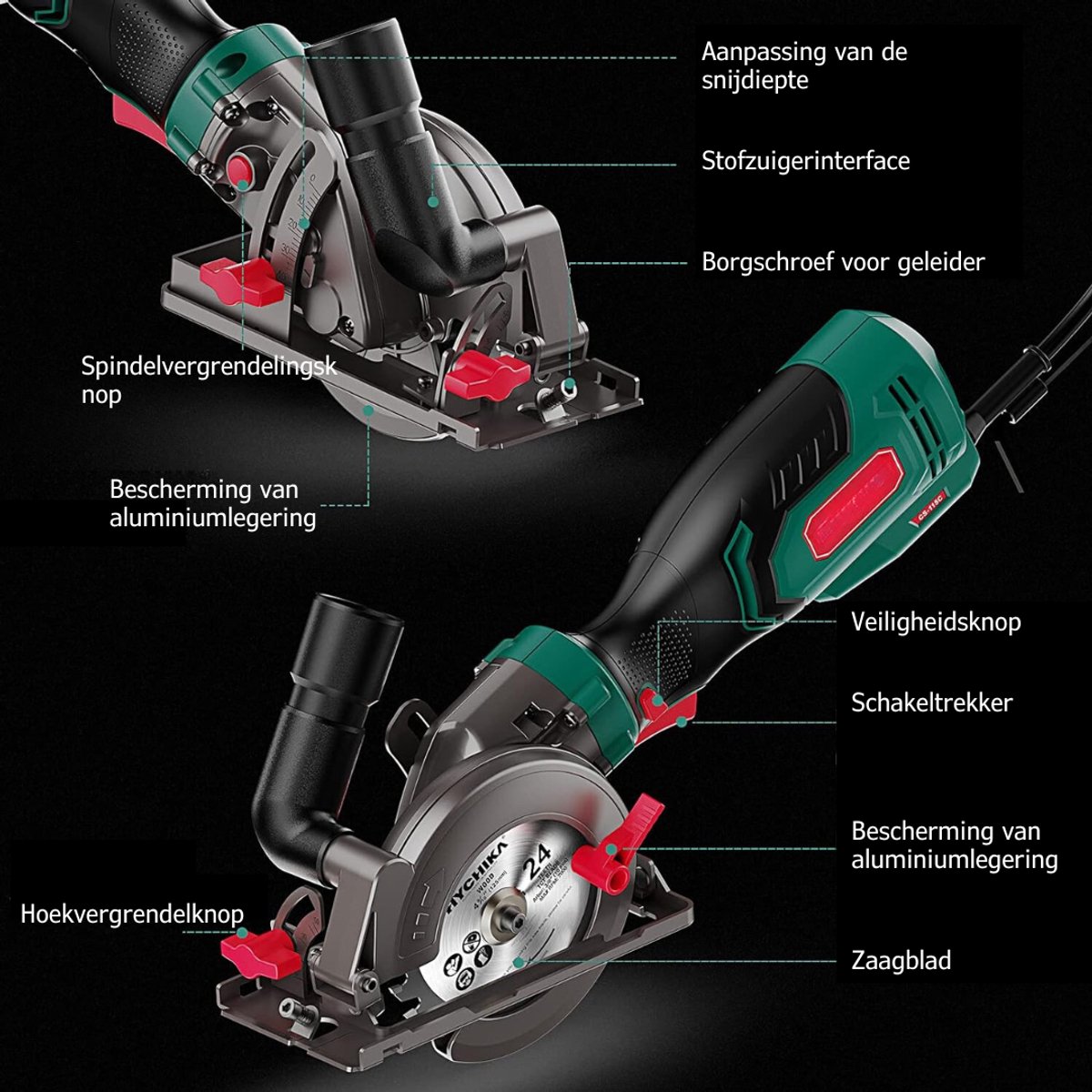 Zyrex® Cirkelzaag met geleiderail - Krachtige handcirkelzaag - Zaagbladen en geleiderail - Zwart/Groen - 13cm x 32cm x 42cm – foto 6