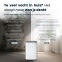 Witte Vibrix luchtontvochtiger met display '52' in een schone kamer, tegenover een 'vieze' muur. Lijst met voordelen van ontvochtiging.