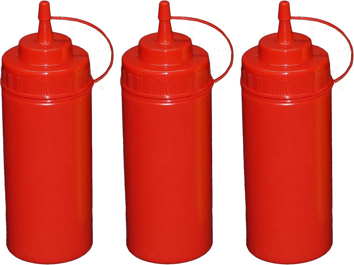 Set van 3 Rode Knijpflessen 0.49L voor Sauzen en Dressings