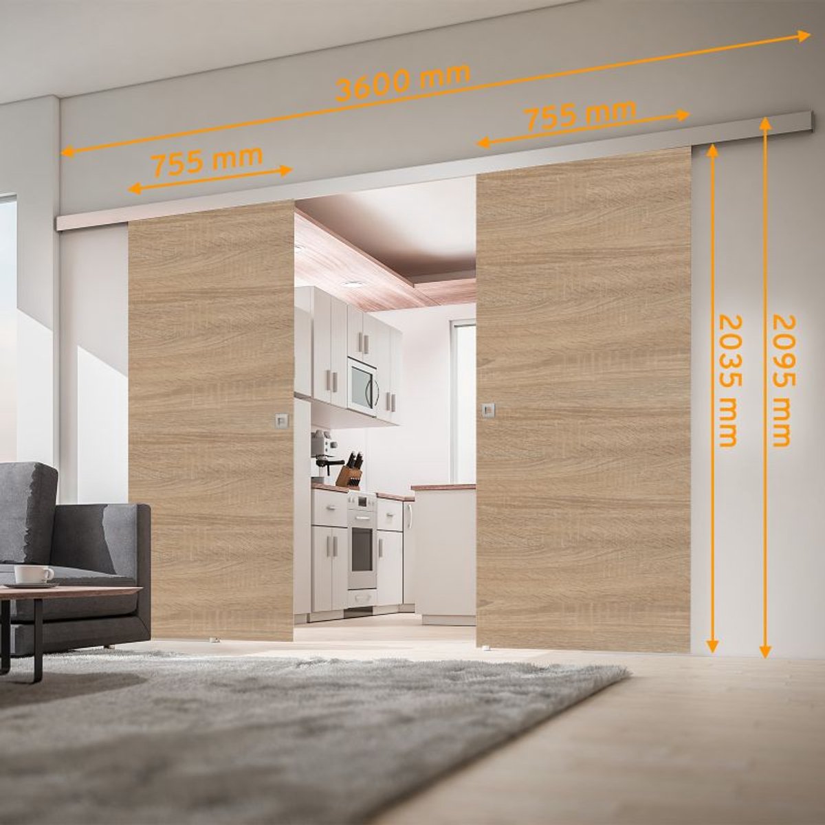 Schulte complete dubbele schuifdeur - 151x203 - eiken decor - rond handgrep-dubbele softclose