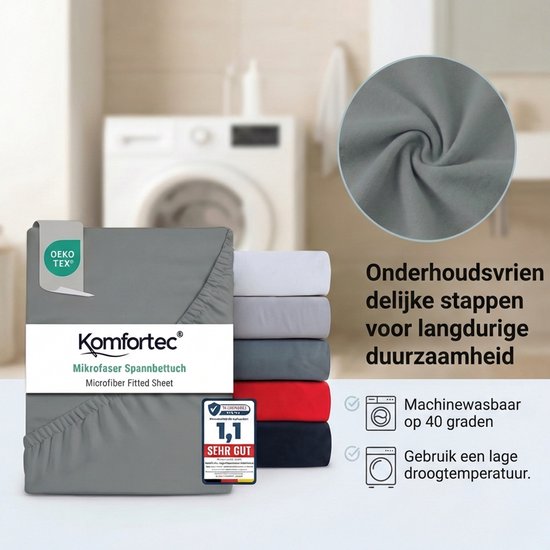 Grijs microfiber hoeslaken met OEKO-TEX label. "Onderhoudsvriendelijke stappen voor langdurige duurzaamheid."