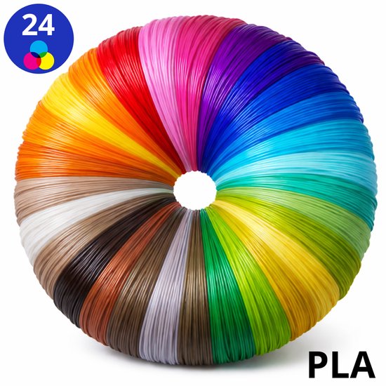 24 kleuren PLA filament in een cirkelvormige opstelling.