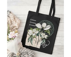 Watercolor Regrowth Totebag zwart - Canvastas bedrukt met bloemen gecombineerd met de strakke checklist | Duurzame en Stijlvolle Tas voor Dagelijks Gebruik