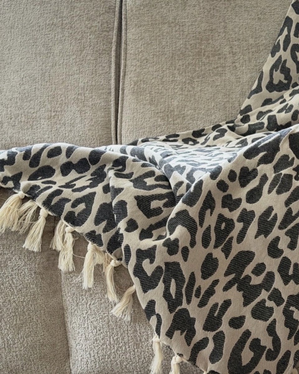 Lantara Panter - Sprei Plaid - Zwart Beige - 150x250cm - Gerecycled Katoen - Panterprint