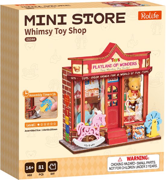 Doos van Robotime miniatuur speelgoedwinkel 'Playland of Wonders' DS044, met afbeelding van de opbouw.
