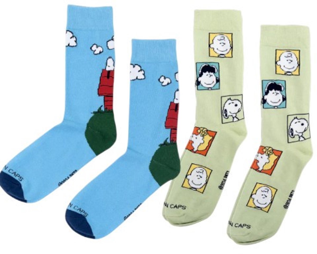Snoopy, Charlie Brown en Vrienden – Snoopy Sportsokken Box – Lichtblauw en Groen – Peanuts x Bavarian Caps – 41-46