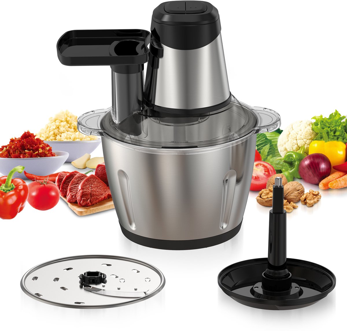 Royal Swiss® Hakmolen 1000W – Extra Krachtige Food Chopper 3.0L – RVS Kom & Dubbele Messen – Snel & Stil