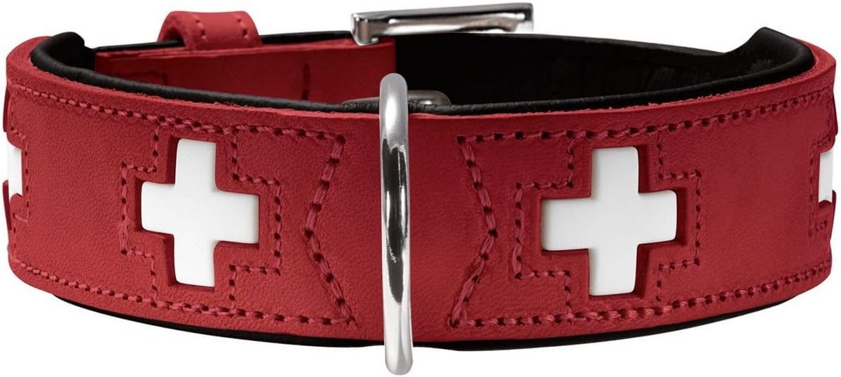 Leren Hondenhalsband Rood/Zwart Swiss Cross Hoogwaardige Kwaliteit