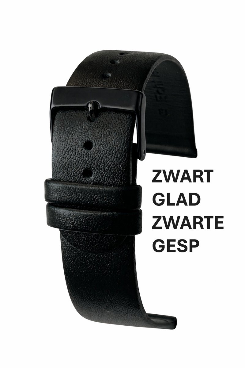 horlogeband-horlogebandje-20mm-echt leer-ZWART-zwart-recht-zacht -plat-leer-glad-zwarte gesp-20 mm