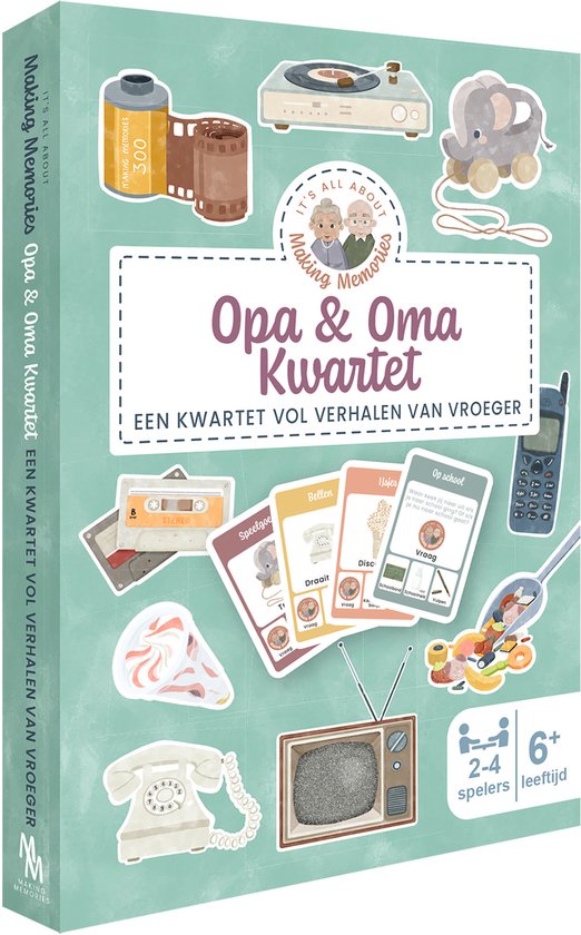 Buitenspeelgoed kwartet spel met illustraties van een step, knikkers, skippybal en een oude telefoon.