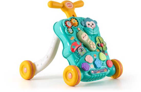 Chilienne de marche multifonctionnelle verte avec barre de poussée jaune, poignées blanches et roues jaunes à accents orange.