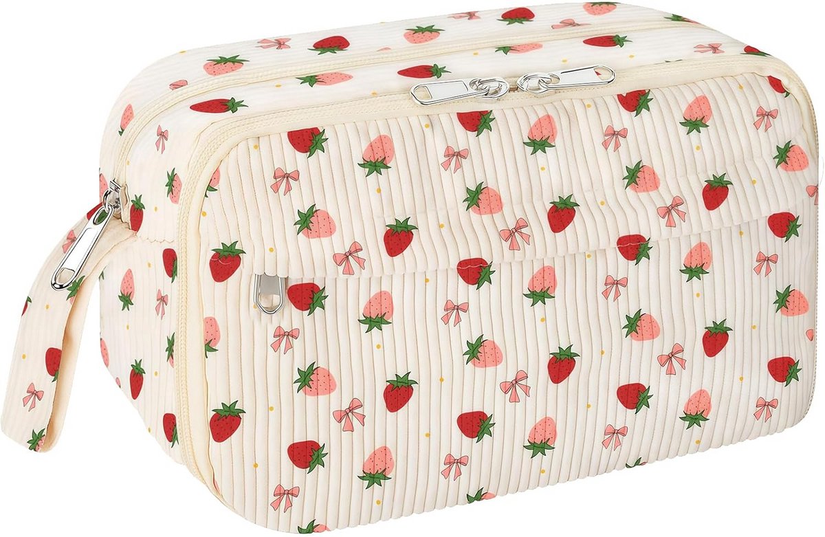Grote Ribfluwelen Etui met Strik en Aardbeienprint - Pennenzak met Vakken voor School en Kantoor