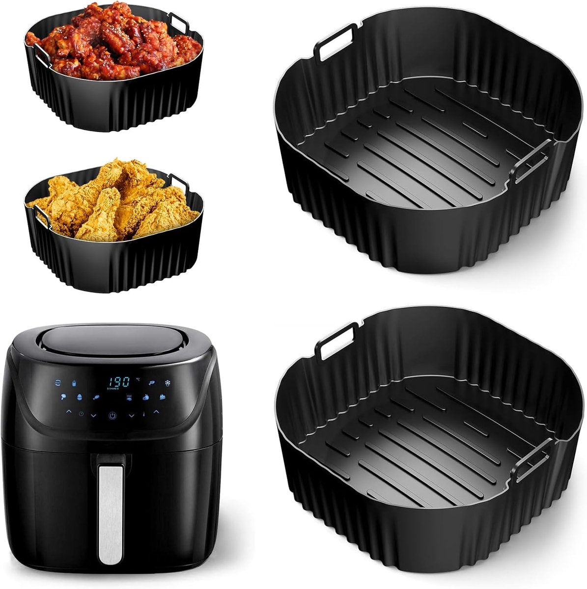 Famanu – Airfryer siliconen mallen voor heteluchtfriteuse - 4 liter - inclusief 2 duurzame siliconen inzetstukken - hittebestendig en geschikt voor bakken - stomen en frituren - herbruikbaar